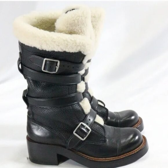 COACH Moto Shearling Pebbled Leather Buckle Boots NEW Sz 5 US Wmn Shipped in Box - Picture 4 of 6
